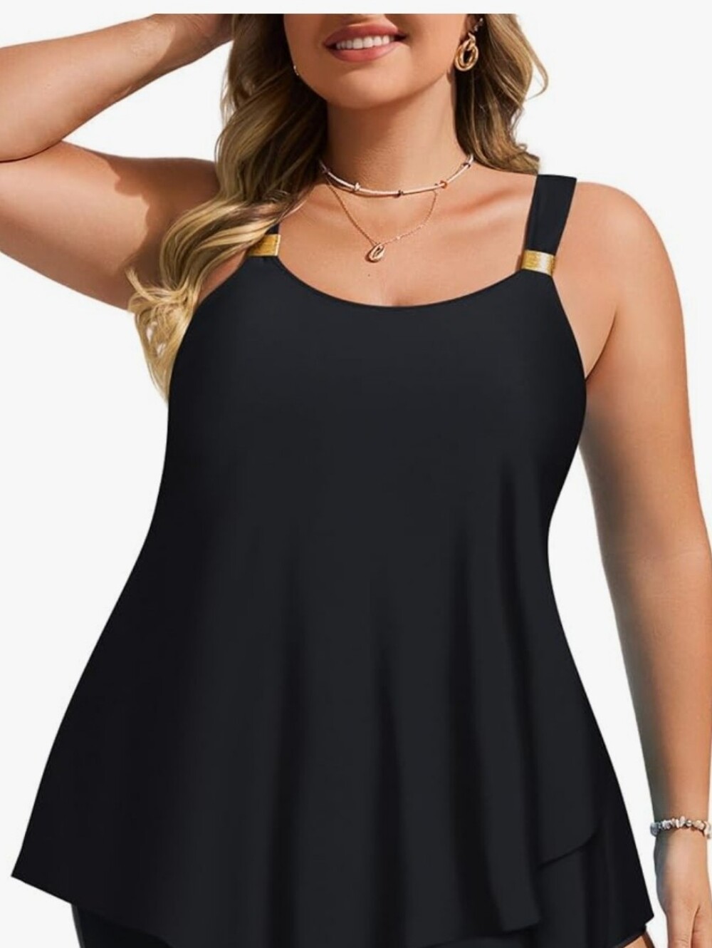 Hanna Nikole Black Flowy Ruffle Swim Top Tankini with Gold Accents Sz XL NWT